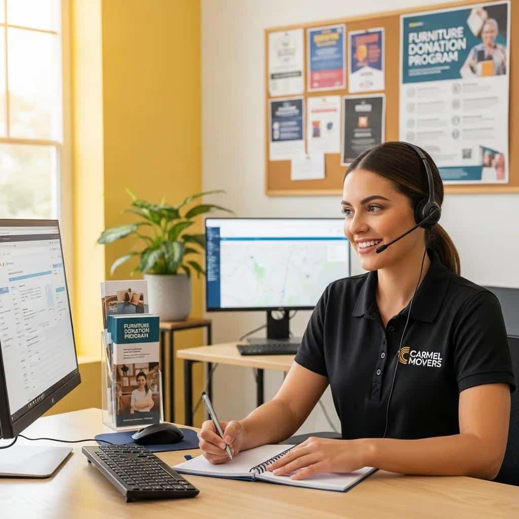 Carmel Movers representative assisting a customer over the phone for furniture pickup, showcasing customer service excellence