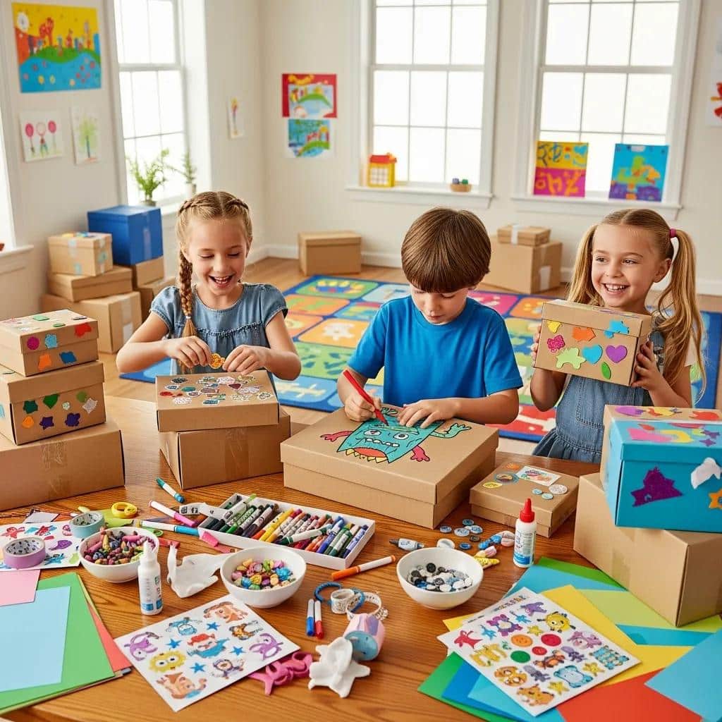 Children decorating packing boxes with stickers and drawings, making packing fun and engaging