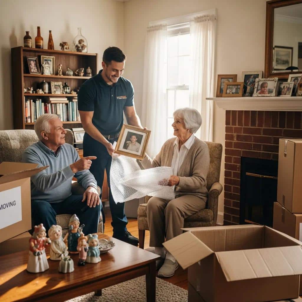 Compassionate moving service assisting seniors in a cozy living room