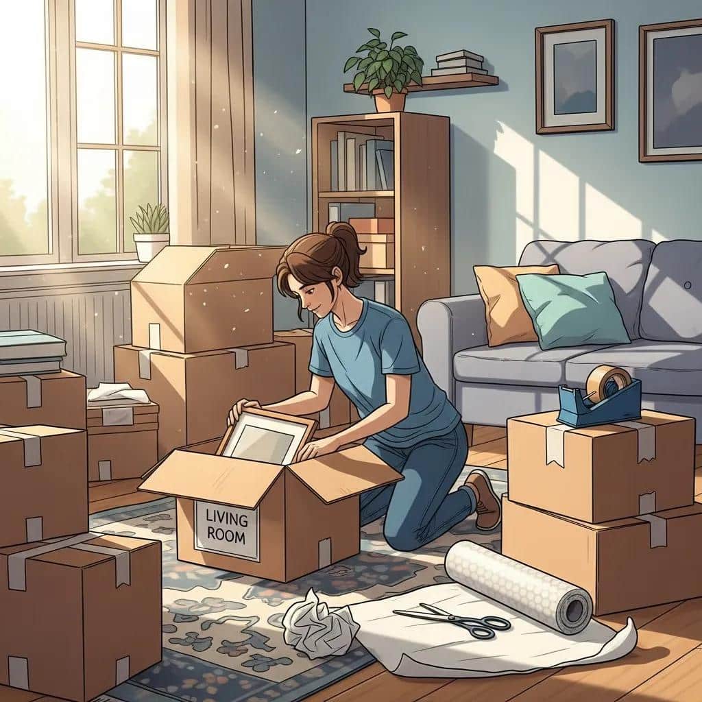 Variety of packing materials including tape, blankets, and boxes for moving