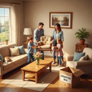 Family donating furniture in a cozy living room, emphasizing community support and eco-friendly practices