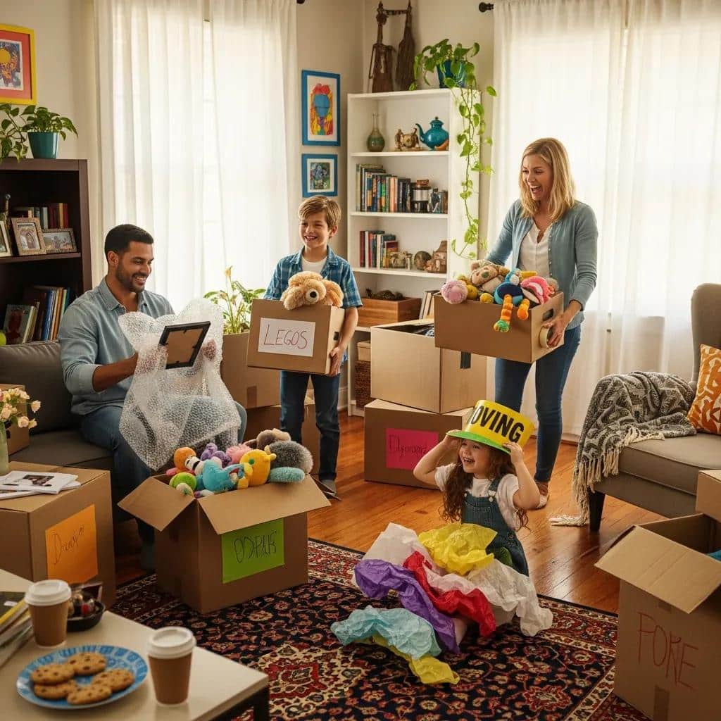 Family packing boxes together in a cozy living room, showcasing a positive moving experience