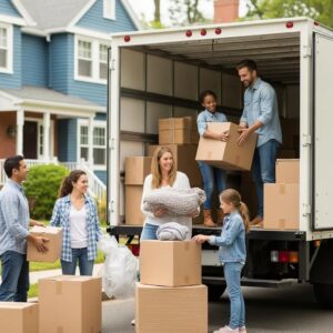 Family packing for a DIY move in a Boston neighborhood, illustrating the moving process