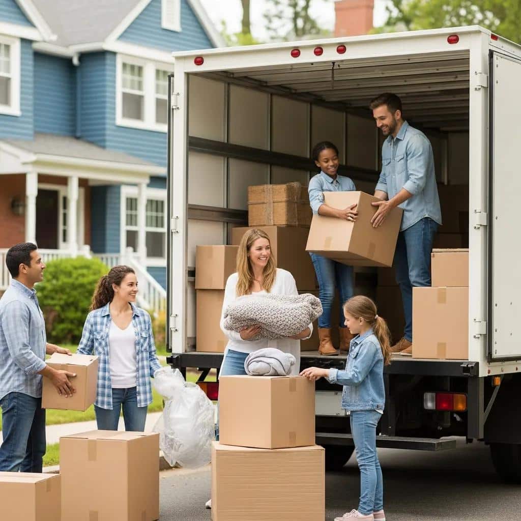 Family packing for a DIY move in a Boston neighborhood, illustrating the moving process