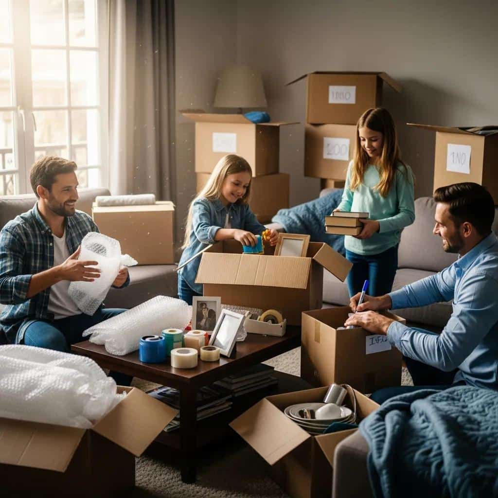 Family packing for a move in a cozy living room, illustrating the theme of moving costs and preparation