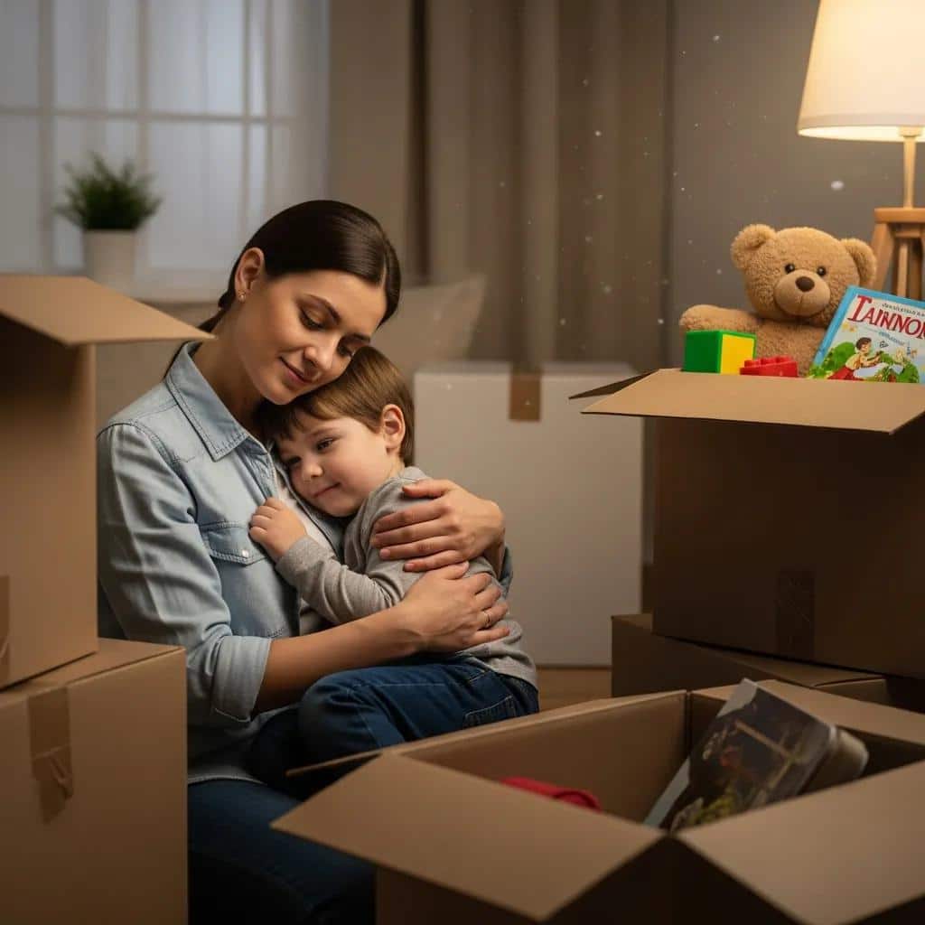 Parent comforting child during a move, emphasizing emotional support and reassurance