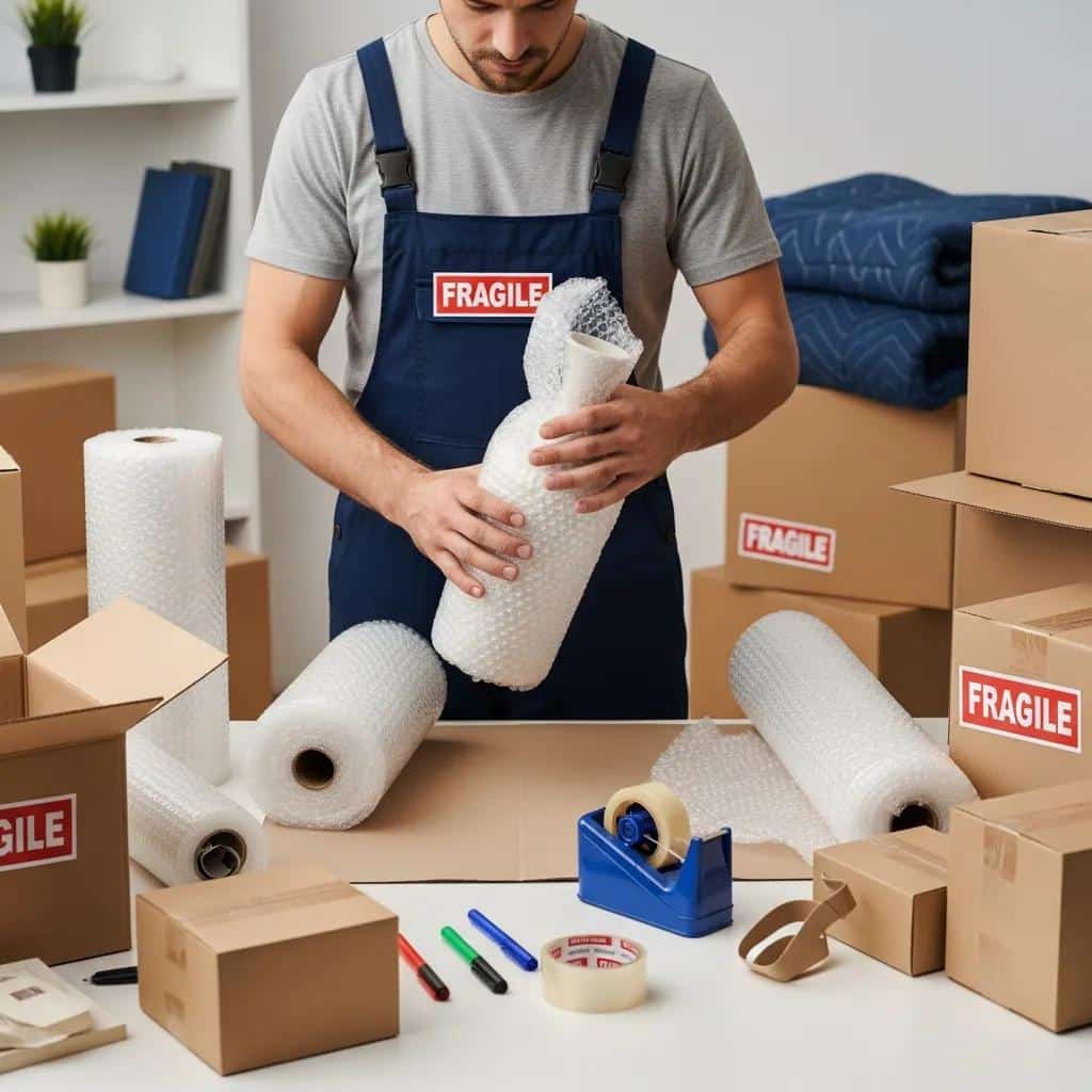 Professional mover packing items into a box, emphasizing the calculation of packing service fees