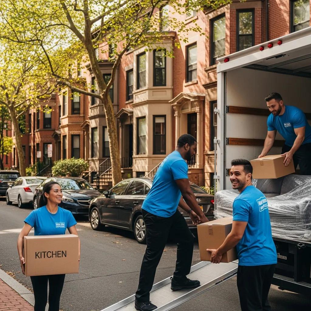 Professional movers loading a truck outside a small apartment in Boston