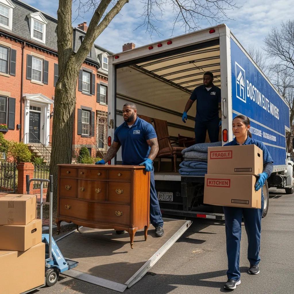 Professional movers loading furniture into a truck in Boston, highlighting their services