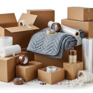 Variety of packing materials including tape, blankets, and boxes for moving