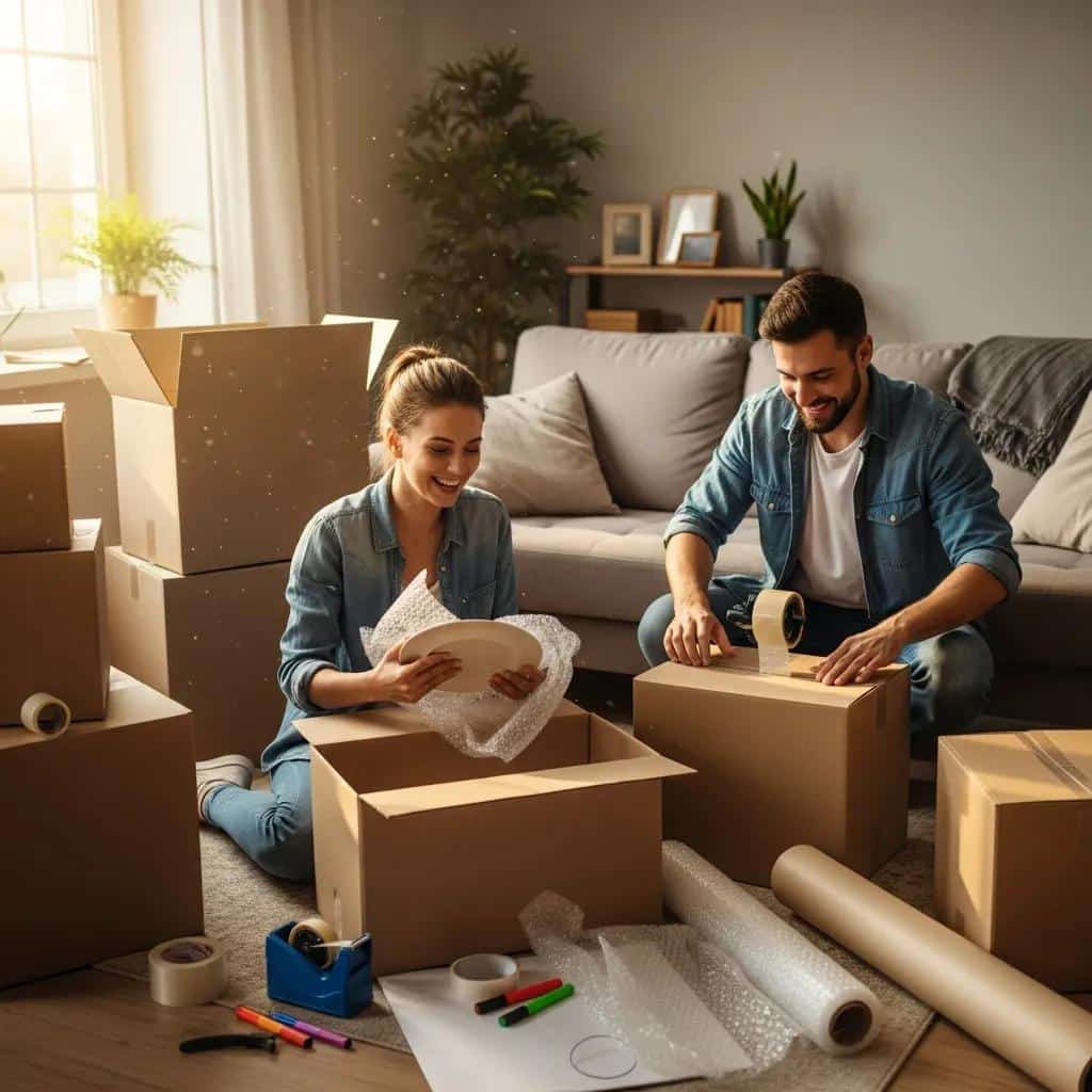 Young couple packing boxes for their first move, conveying excitement and organization